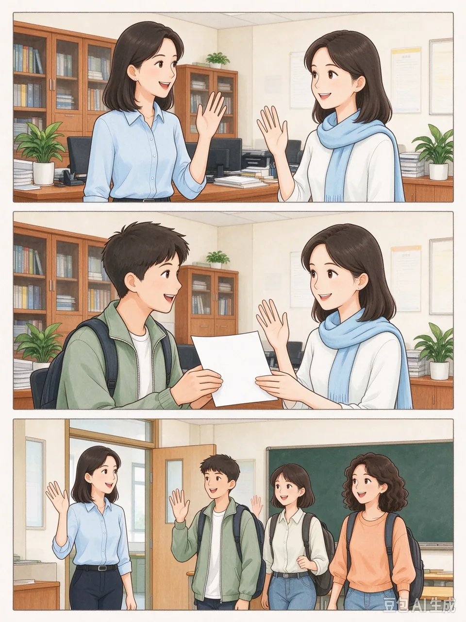 问候、致谢、告别三格连环图